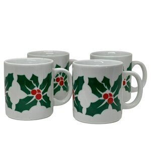 VTG 90s Holly Berry Christmas Mugs Set of 4, Green & Red Ceramic Coffee/Tea Cups